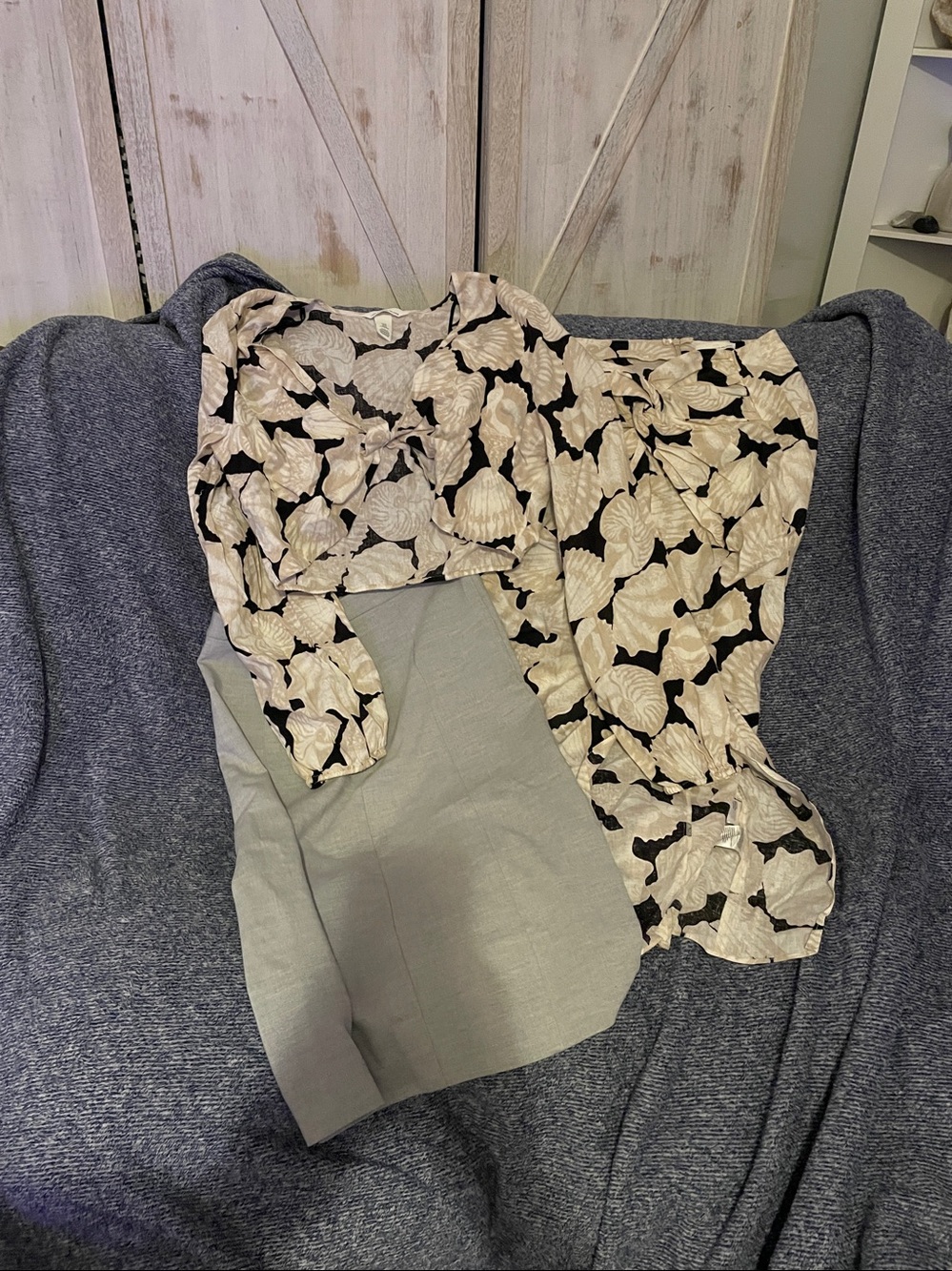 H&M Black & Beige Floral Cropped Blouse with matching skirt and Cream Midi Skirt